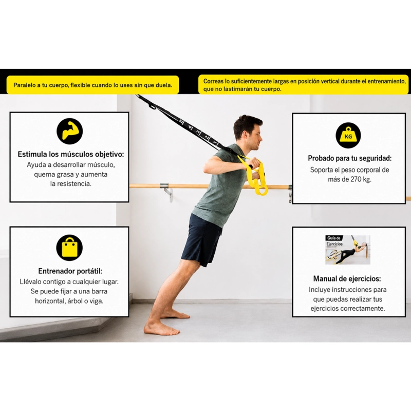 KIT ENTRENAMIENTO SUSPENSION CUERDA TRX GIMNASIO CASA - 5