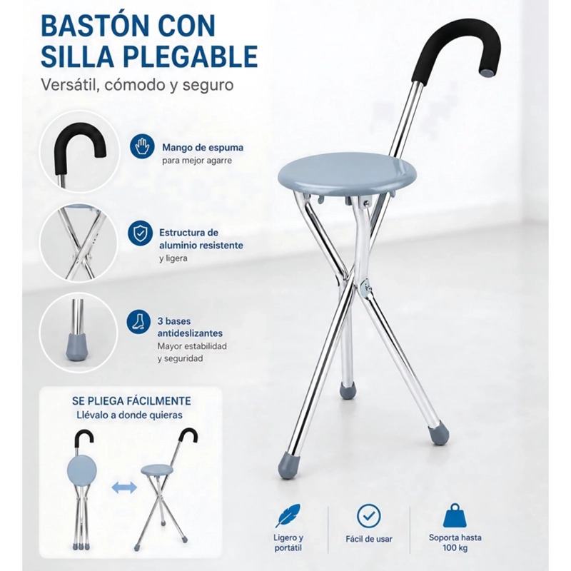BASTON CON ASIENTO PLEGABLE SILLA ORTOPE DICA ADULTO MAYOR - 3