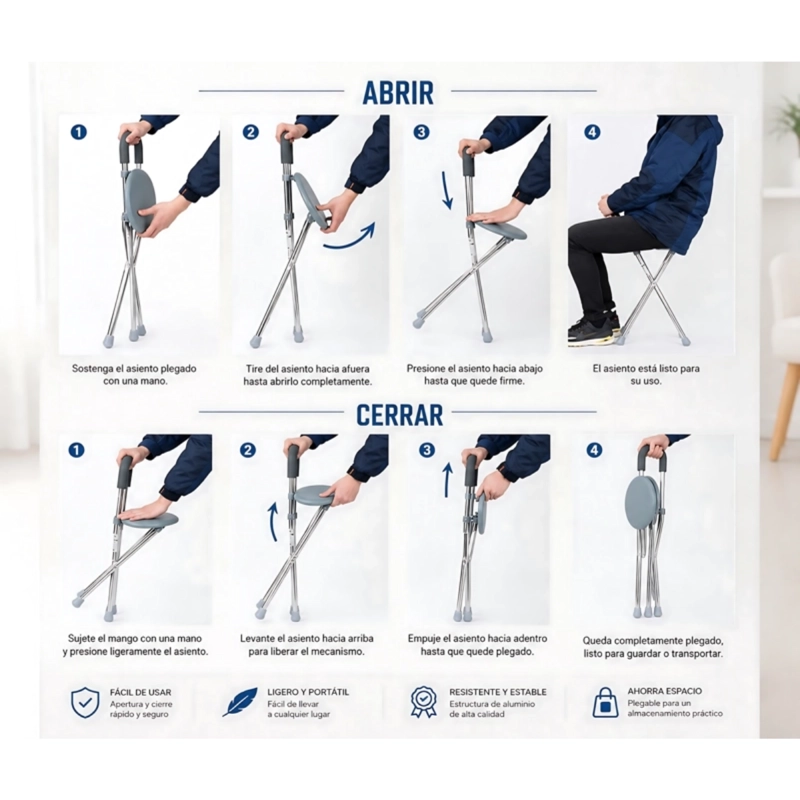 BASTON CON ASIENTO PLEGABLE SILLA ORTOPE DICA ADULTO MAYOR - 4
