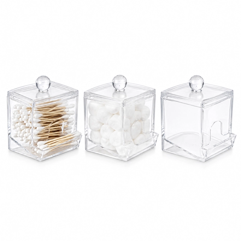 PACK 3 ORGANIZADORES ACRILICO CON TAPA COTONETES ALGODON - 1