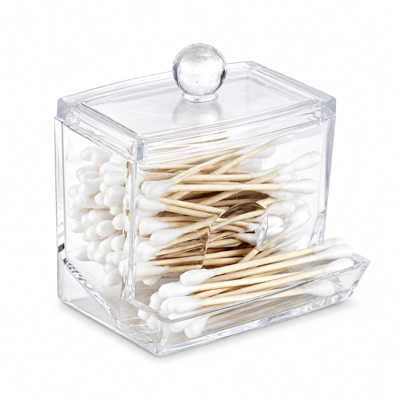 ORGANIZADOR ACRILICO TRANSPARENTE CON TAPA COTONETES ALGODON - 1