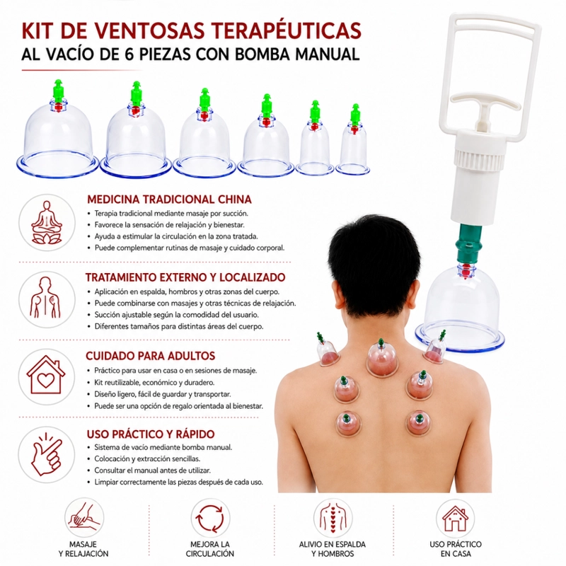 KIT VENTOSAS TERAPE UTICA AL VACIO 6 PZS MASAJE CHINO JERINGA - 4