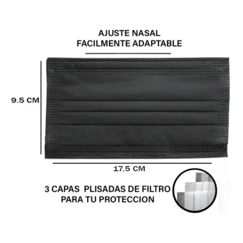 CAJA 50 UDS. MASCARILLA TAPABOCAS DESECHABLE NEGRO 3 CAPAS - 2