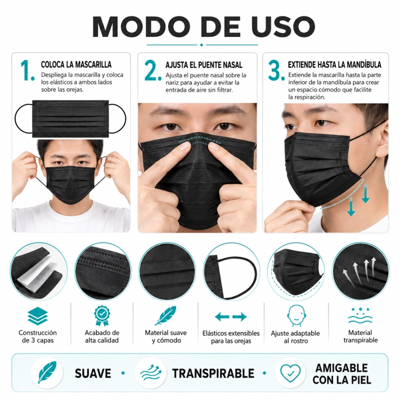 CAJA 50 UDS. MASCARILLA TAPABOCAS DESECHABLE NEGRO 3 CAPAS - 6