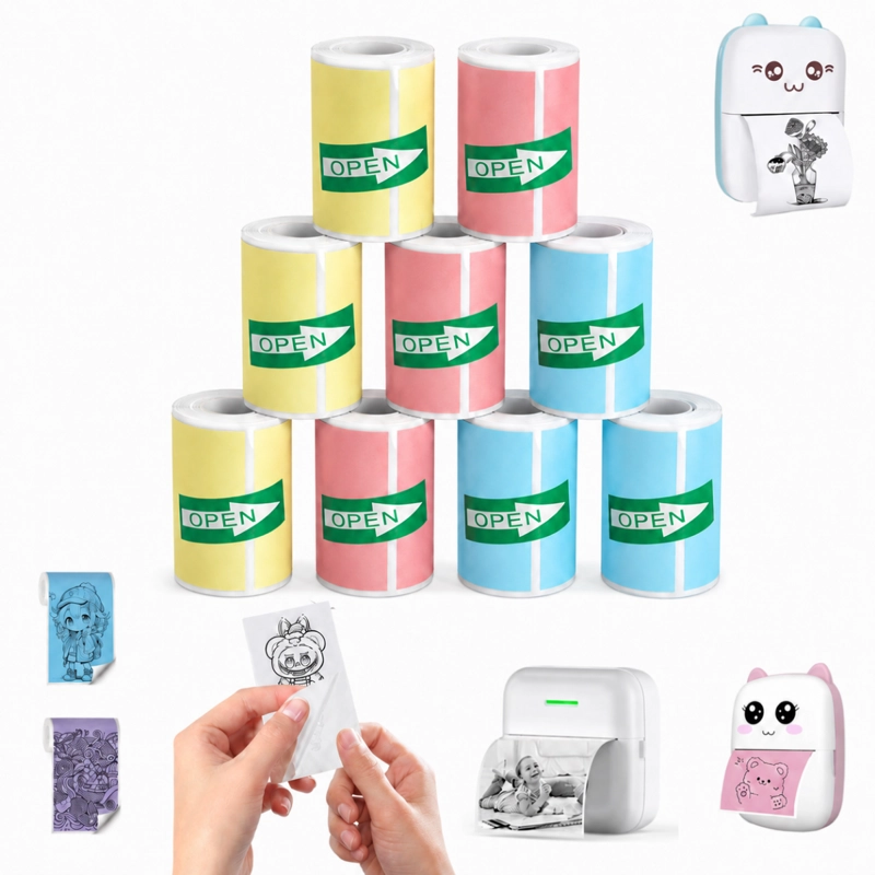 PACK 9 ROLLOS PAPEL ADHESIVO MINI IMPRESORA PORTATIL COLORES - 1