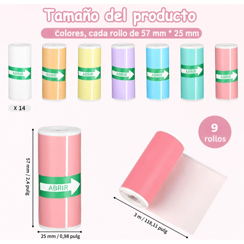 PACK 9 ROLLOS PAPEL ADHESIVO MINI IMPRESORA PORTATIL COLORES - 4