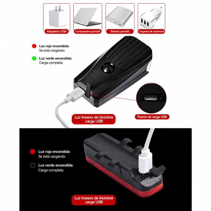 LUZ TRASERA BICICLETA LED RECARGABLE USB SEGURIDAD WARNING - 5
