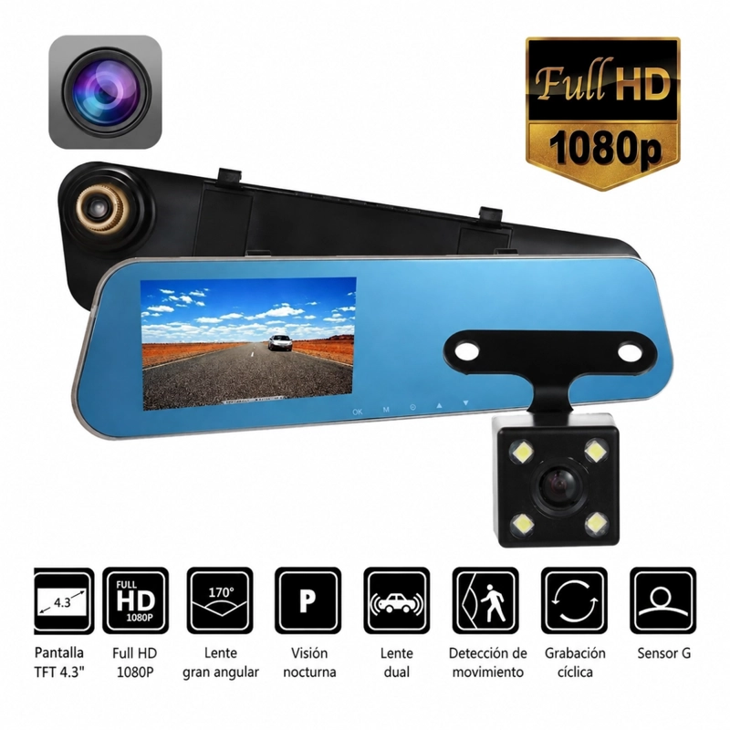 ESPEJO RETROVISOR CON CAMARA DVR FULL HD GRABACION AUTO - 5