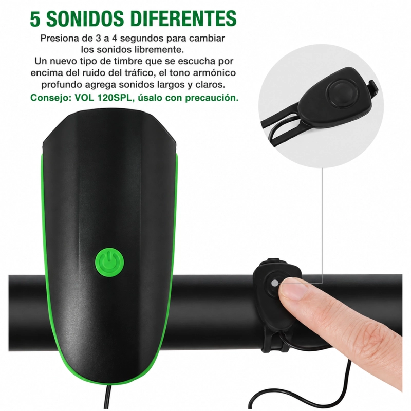 LUZ BICICLETA CON BOCINA RECARGABLE USB ALTA POTENCIA 7588 - 5