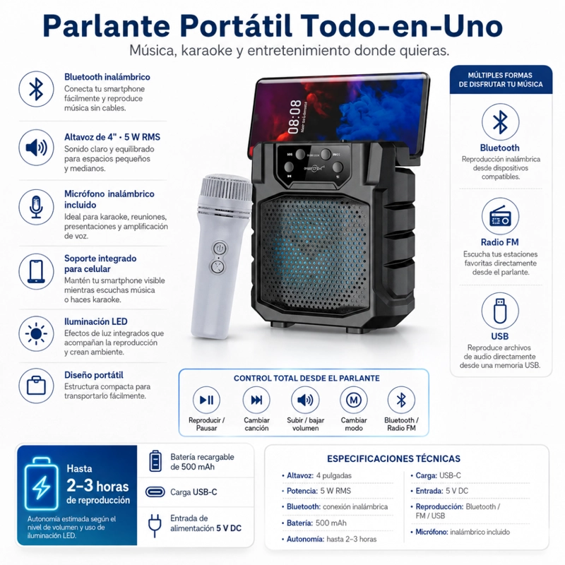 PARLANTE PORTATIL INALAMBRICO MICROFONO Y SOPORTE CELULAR - 2