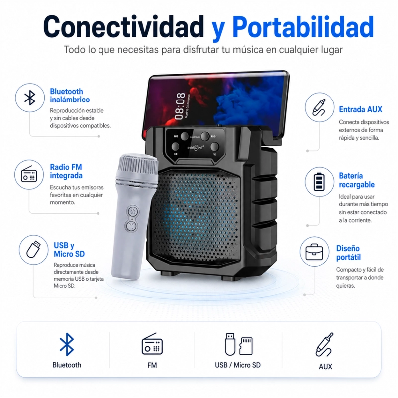 PARLANTE PORTATIL INALAMBRICO MICROFONO Y SOPORTE CELULAR - 4