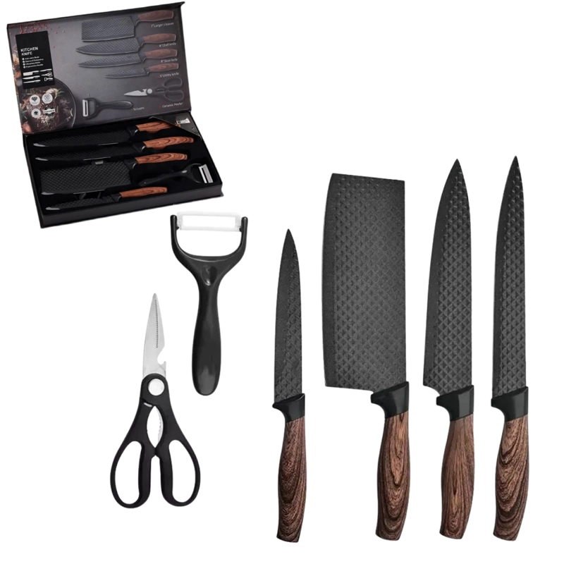 JUEGO DE 4 CUCHILLOS COCINA CON TIJERA Y PELADOR NEGRO - 1