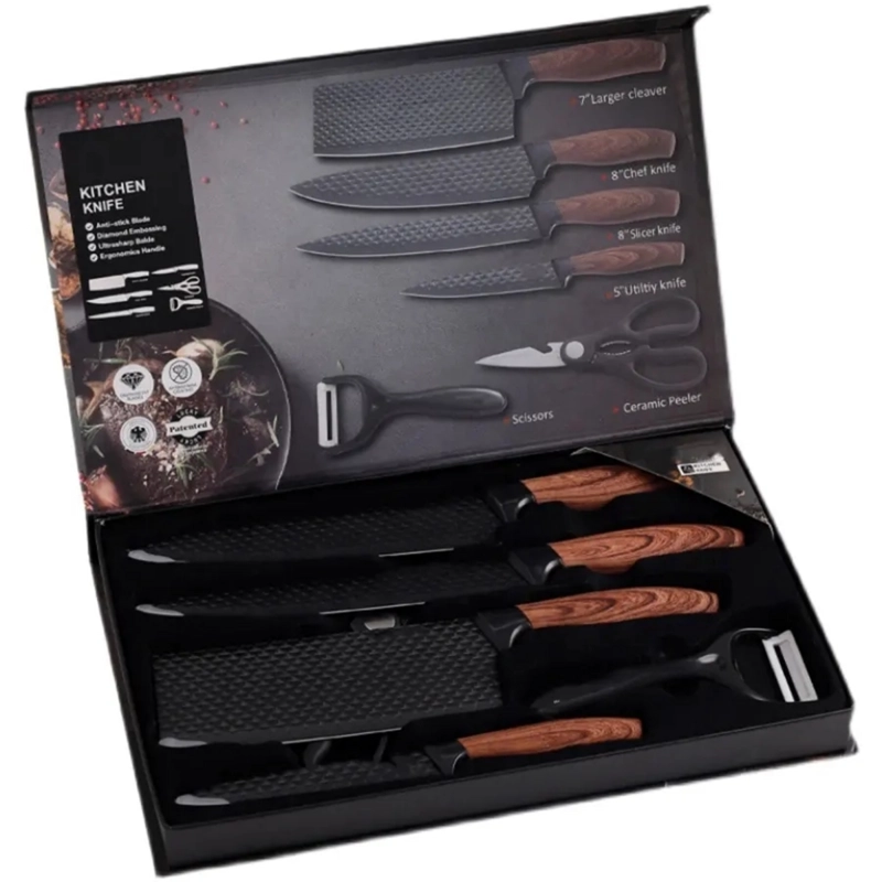 JUEGO DE 4 CUCHILLOS COCINA CON TIJERA Y PELADOR NEGRO - 4