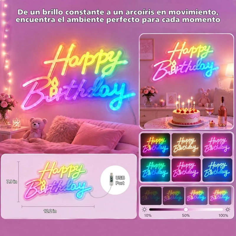 LETRERO NEON LED HAPPY BIRTHDAY USB CON CONTROL Y APP - 3
