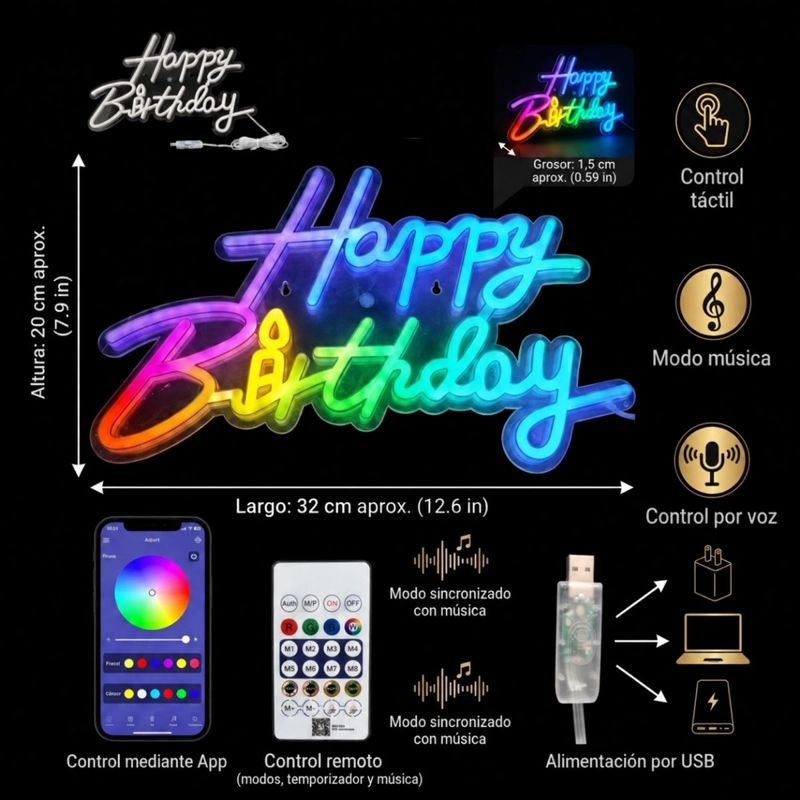 LETRERO NEON LED HAPPY BIRTHDAY USB CON CONTROL Y APP - 4