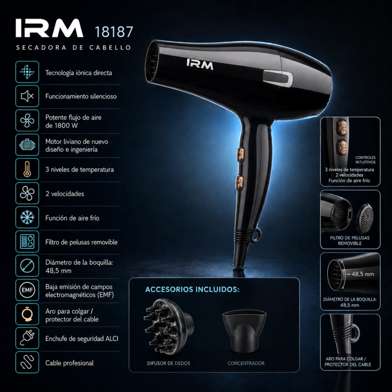 SECADOR DE CABELLO PROFESIONAL 18187 CON ACCESORIOS 1800W - 2