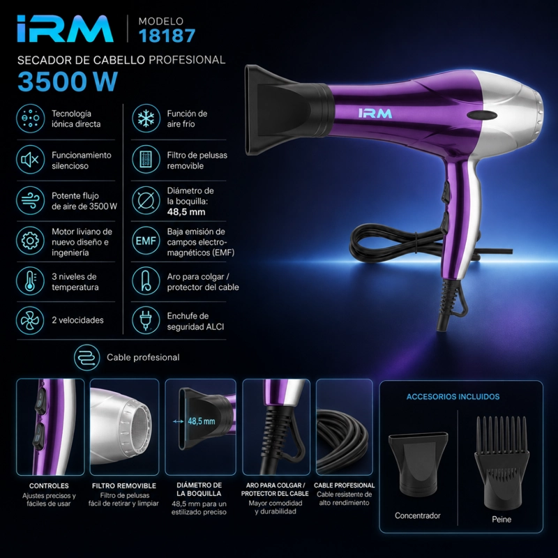 SECADOR DE CABELLO PROFESIONAL 18187 CON ACCESORIOS 3500W - 4