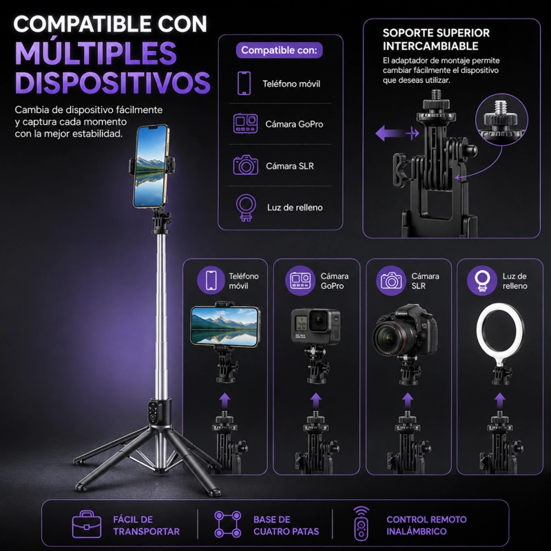 TRIPODE CELULAR EXTENSIBLE DE 2.2M BASTON SELFIE CON CONTROL - 3