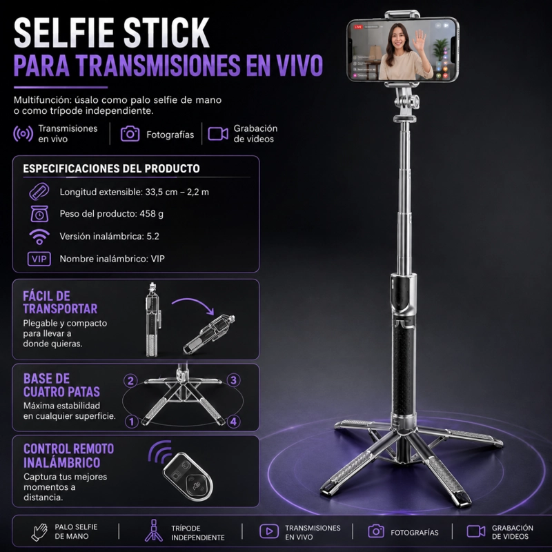 TRIPODE CELULAR EXTENSIBLE DE 2.2M BASTON SELFIE CON CONTROL - 4