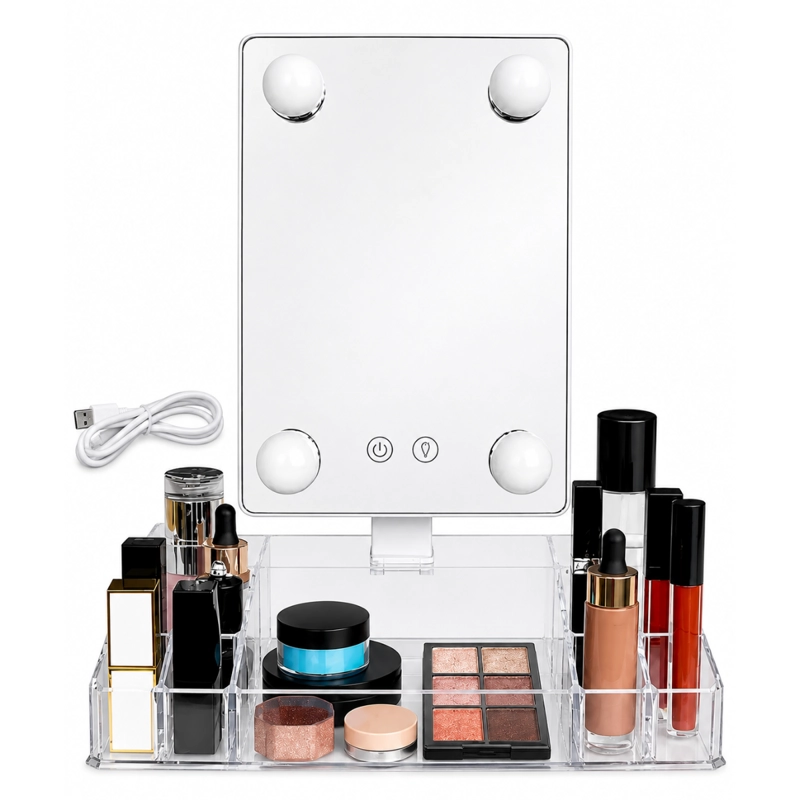 ESPEJO DE MAQUILLAJE CON LUZ LED Y ORGANIZADOR 360 GRADOS - 1