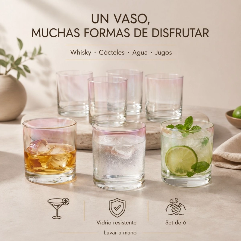 SET 6 VASOS BAJOS PARA WHISKY TRAGOS CRISTAL TORNASOL 410ML - 5