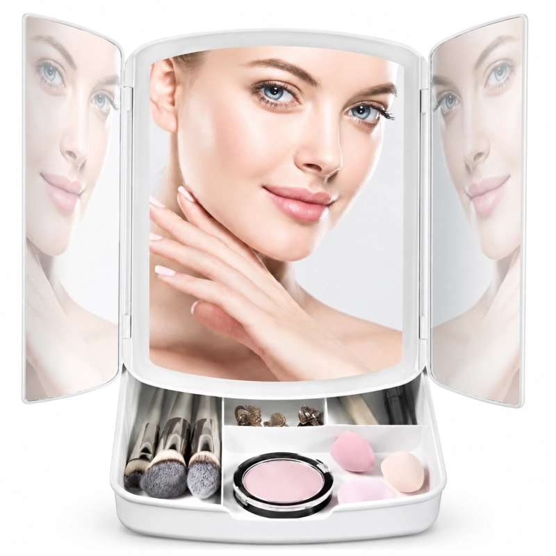 ESPEJO DE MAQUILLAJE CON LUZ LED PLEGABLE TRIPLE PORTATIL - 1