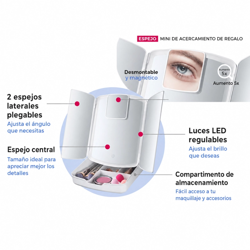 ESPEJO DE MAQUILLAJE CON LUZ LED PLEGABLE TRIPLE PORTATIL - 3