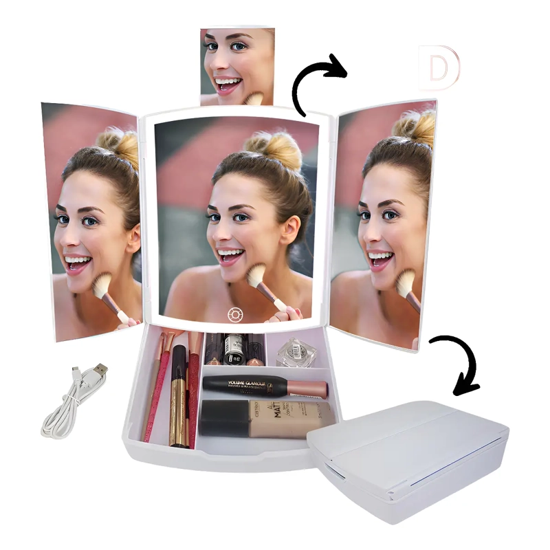 ESPEJO DE MAQUILLAJE CON LUZ LED PLEGABLE TRIPLE PORTATIL - 4