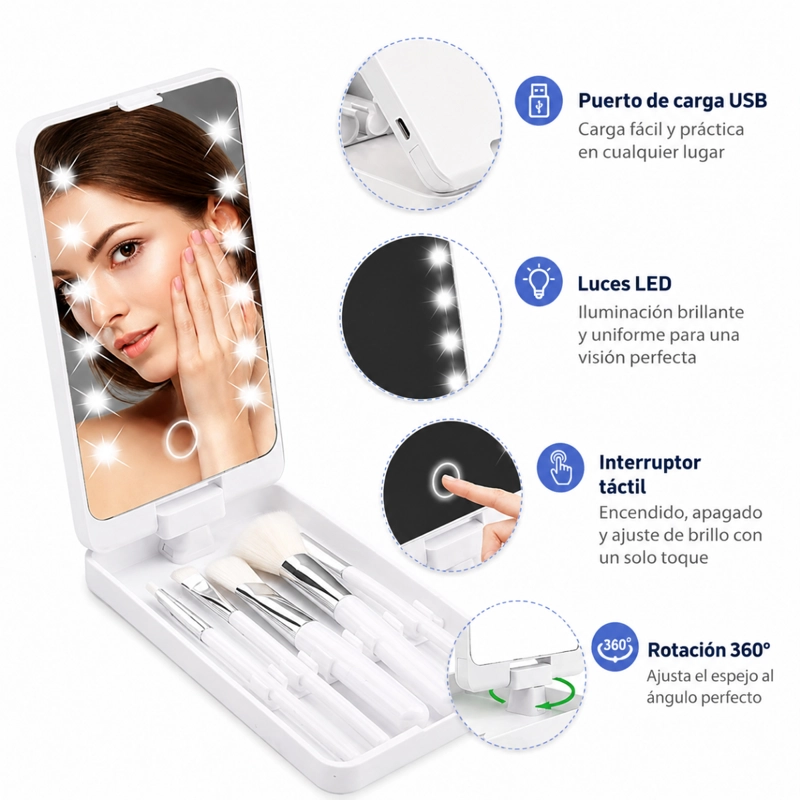 ESPEJO DE MAQUILLAJE PLEGABLE CON 12 LUCES LED Y AUMENTO - 5