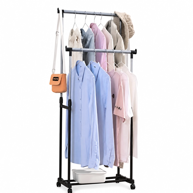PERCHERO ORGANIZADOR DOBLE DE ROPA CON RUEDAS AJUSTABLE NEGRO - 1