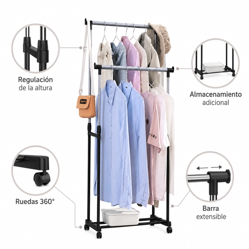 PERCHERO ORGANIZADOR DOBLE DE ROPA CON RUEDAS AJUSTABLE NEGRO - 4
