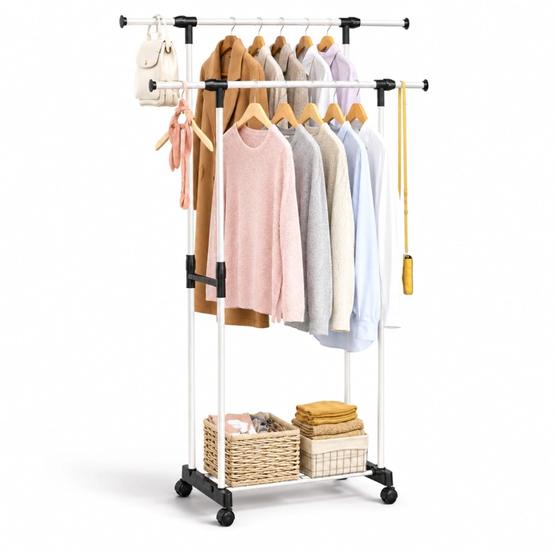 PERCHERO ORGANIZADOR DOBLE DE ROPA CON RUEDAS AJUSTABLE BLANCO - 1