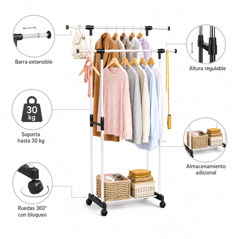 PERCHERO ORGANIZADOR DOBLE DE ROPA CON RUEDAS AJUSTABLE BLANCO - 2