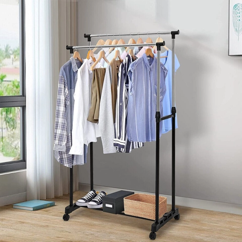 PERCHERO ORGANIZADOR DOBLE DE ROPA CON RUEDAS AJUSTABLE BLANCO - 5