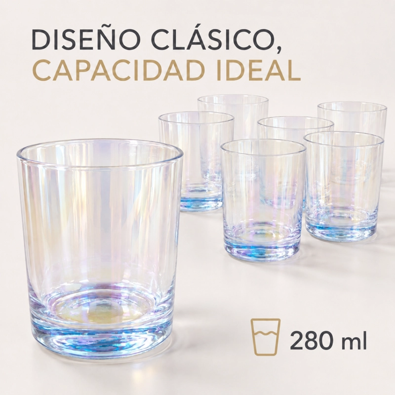PACK 6 VASOS WHISKY TRAGOS CORTOS VIDRIO TORNASOL 280ML - 2