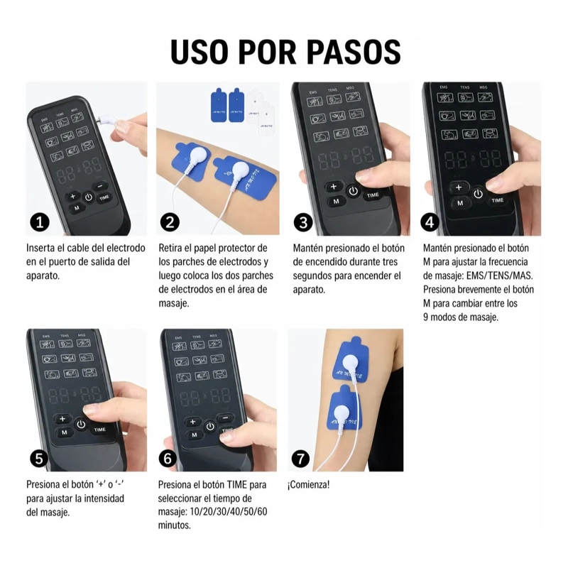 MASAJEADOR CORPORAL ELE CTRODOS TENS EMS TERAPIA 8 MODOS - 6