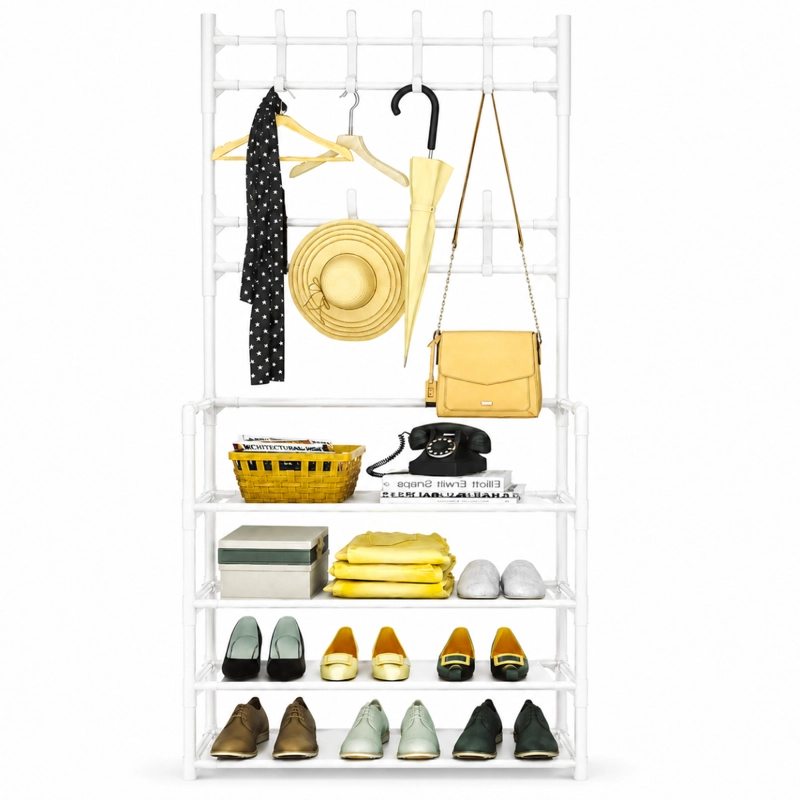 PERCHERO ORGANIZADOR ROPA COLGANTE METALICO ESTANTE ZAPATERO BLANCO - 1