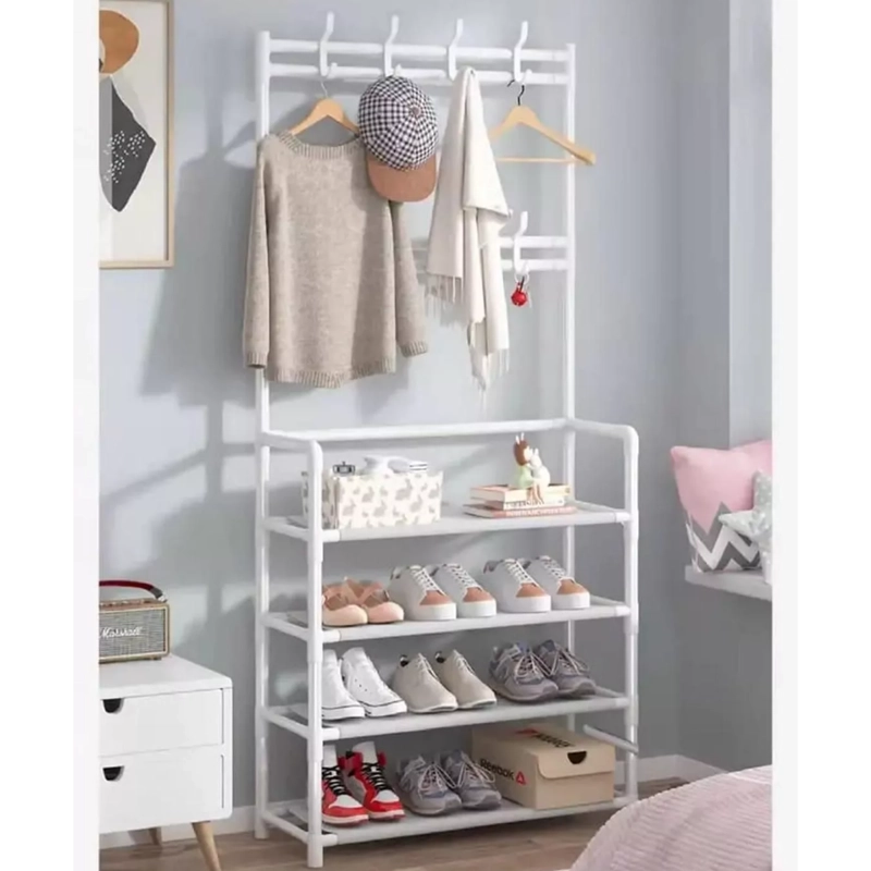 PERCHERO ORGANIZADOR ROPA COLGANTE METALICO ESTANTE ZAPATERO BLANCO - 4