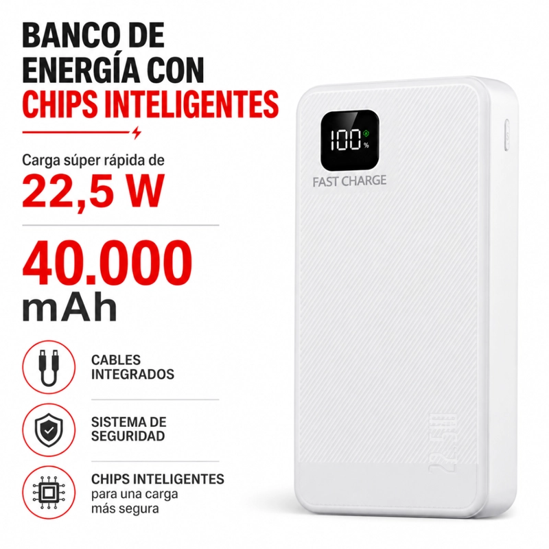 POWER BANK 40000MAH CARGA PORTATIL Y RAPIDA 22.5W 4 CABLES - 2