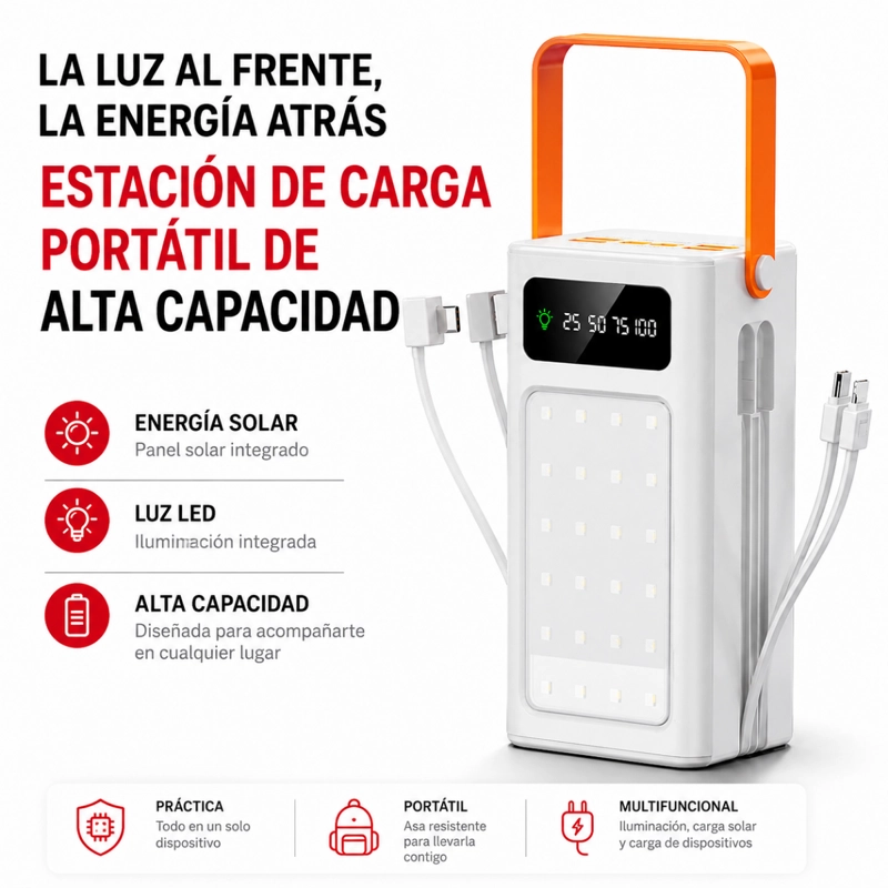 POWER BANK SOLAR 50000MAH CARGA PORTATIL LUZ LED Y CABLES GM - 7