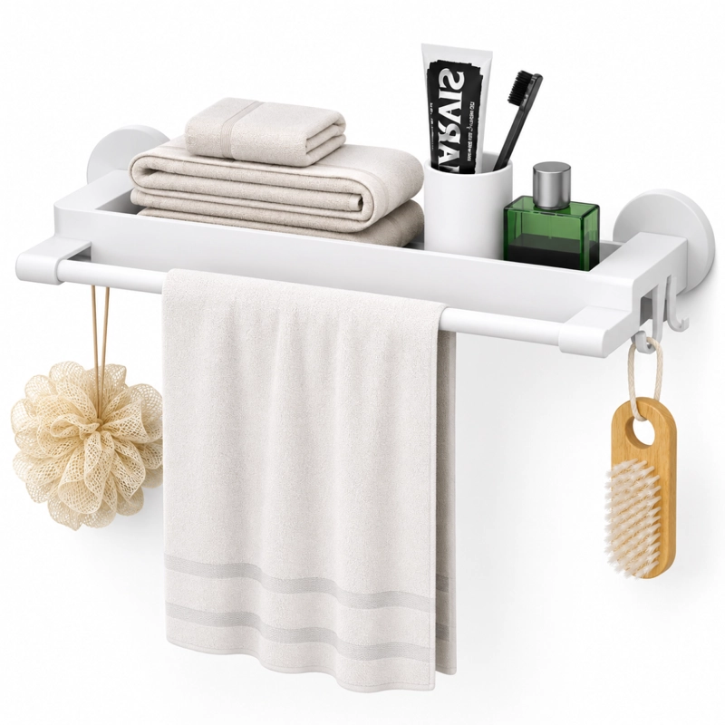 TOALLERO ORGANIZADOR BAÑO CON REPISA Y GANCHOS ESTANTE MURAL BLANCO - 1