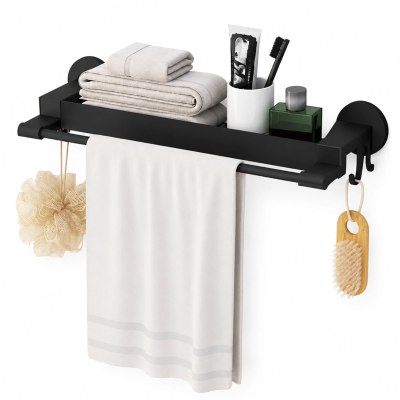 TOALLERO ORGANIZADOR BAÑO CON REPISA Y GANCHOS ESTANTE MURAL NEGRO - 1