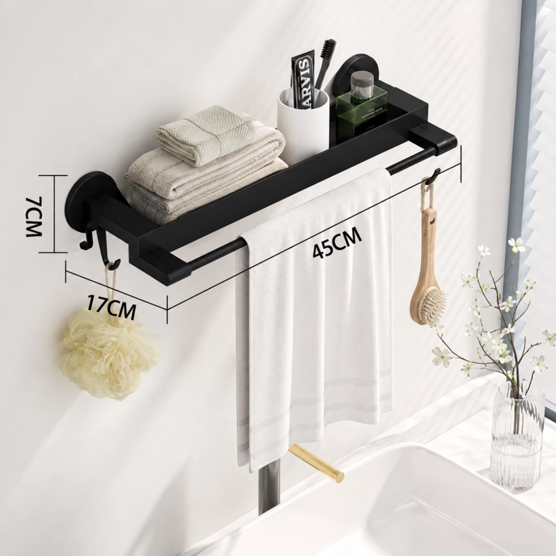 TOALLERO ORGANIZADOR BAÑO CON REPISA Y GANCHOS ESTANTE MURAL NEGRO - 2