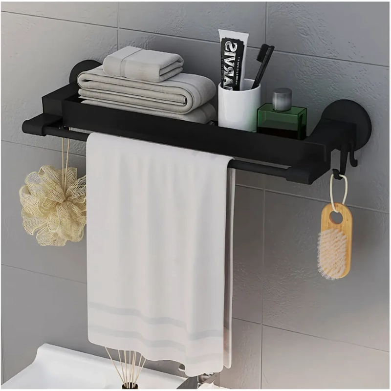 TOALLERO ORGANIZADOR BAÑO CON REPISA Y GANCHOS ESTANTE MURAL NEGRO - 3
