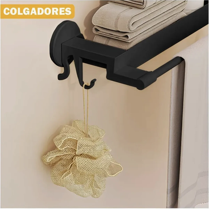 TOALLERO ORGANIZADOR BAÑO CON REPISA Y GANCHOS ESTANTE MURAL NEGRO - 4