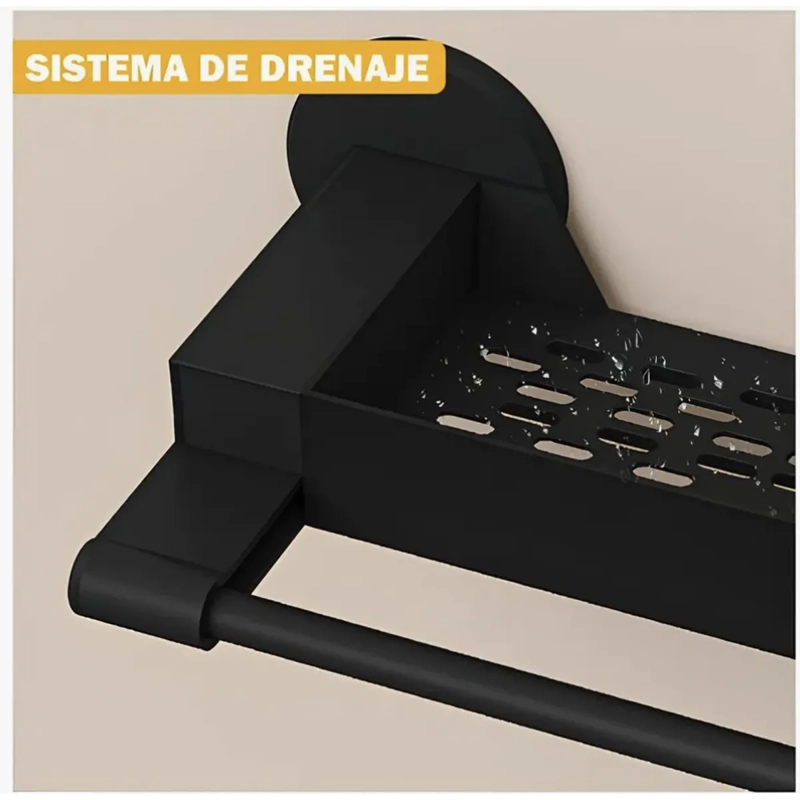 TOALLERO ORGANIZADOR BAÑO CON REPISA Y GANCHOS ESTANTE MURAL NEGRO - 5