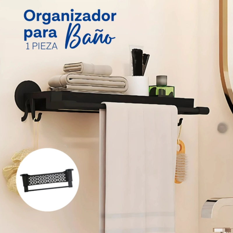 TOALLERO ORGANIZADOR BAÑO CON REPISA Y GANCHOS ESTANTE MURAL NEGRO - 6