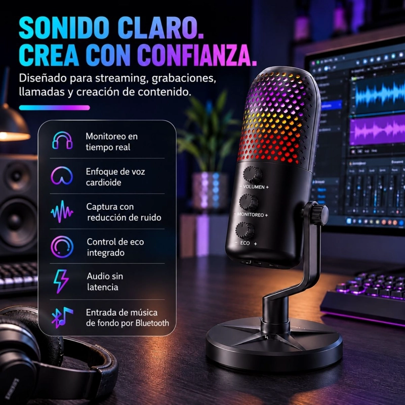 MICROFONO USB CONDENSADOR GAMER RGB PC STREAMING PODCAST - 3