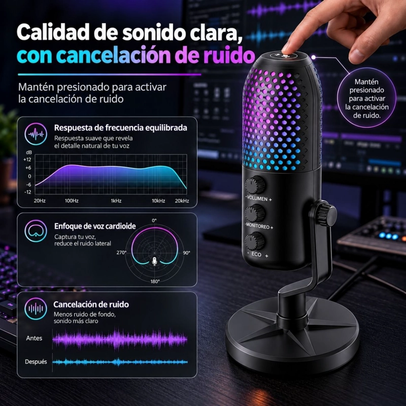 MICROFONO USB CONDENSADOR GAMER RGB PC STREAMING PODCAST - 5