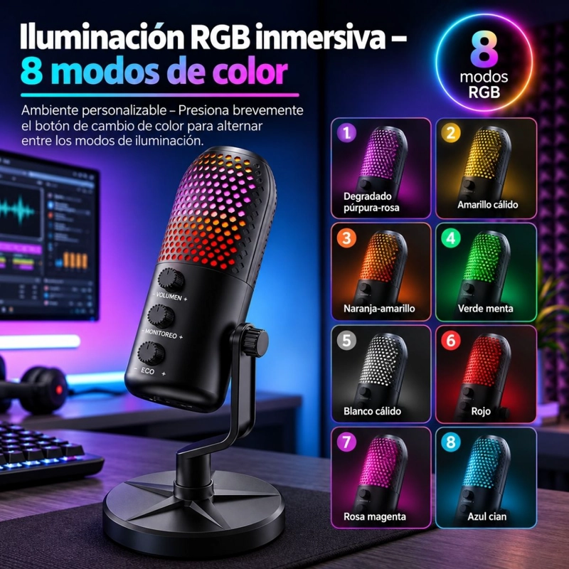 MICROFONO USB CONDENSADOR GAMER RGB PC STREAMING PODCAST - 6